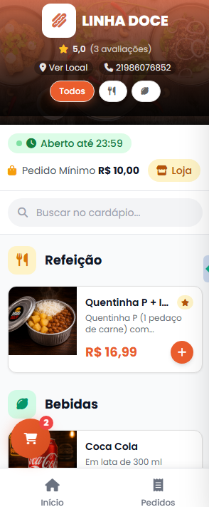 Cardápio digital do FoodDeliv aberto no celular
